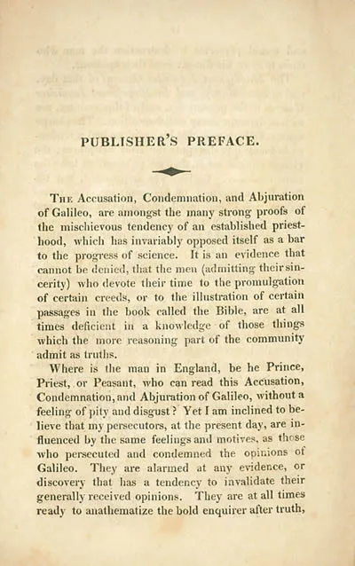 Carlile's critical preface in his  The Accusation, Condemnation and Abjuration of Galileo pamphlet