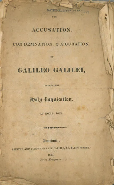 Cover page of The Accusation, Condemnation and Abjuration of Galileo Galilei
