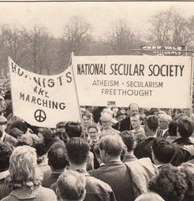 National Secular Society members and Humanists protesting