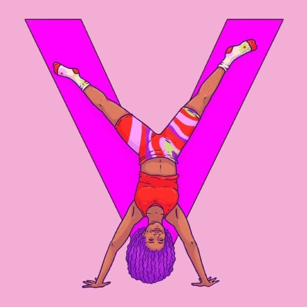 An illustrated image of a woman with brown skin and purple curly hair, wearing a red crop top and striped red, purple and pink trousers doing a handstand in front of a large fluorescent pink V.