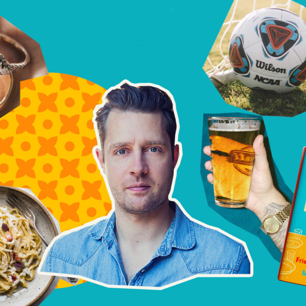 A collage image showing: Max Dickins in the centre; the cover of his book, 'Billy No Mates: How I Realised Men Have a Friendship Problem'; a football; a pint of beer in someone's hand; engagement rings and a creamy spaghetti dish.