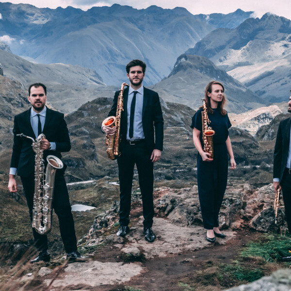 The Arcis Saxophone Quartett stand in front of an expansive valley landscape with their saxophones in hand.