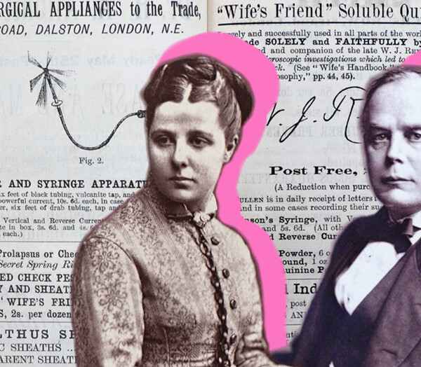A collage image shows portraits of Annie Besant and Charles Bradlaugh in front of a page of the birth control pamphlet, Fruits of Philosophy.