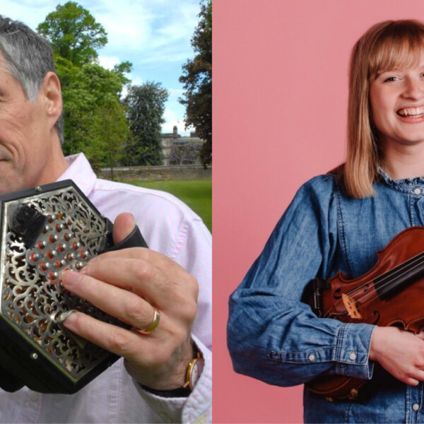 A collage image: on the left shows Alistair Anderson stands in greenspace, holding his concertina. On the right, Grace Smith stands in a bright pink room, holding her fiddle.