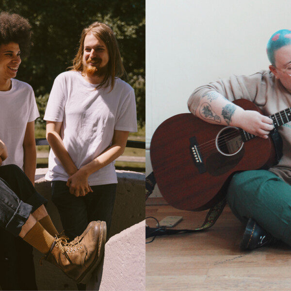 A collage image of folk trio Granny's Attic and singer/songwriter Maddie Morris