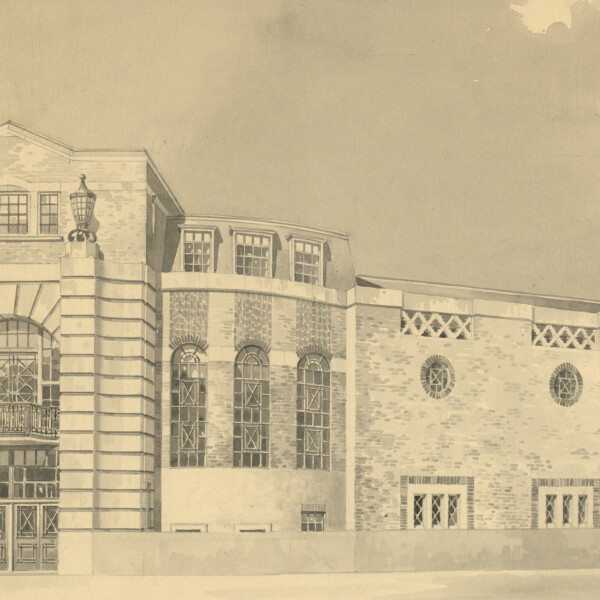A watercolour sketch of the design of Conway Hall, as seen by its entrance on Red Lion Square. The sketch was made by architect Frederick Herbert Mansford and dated 1926.